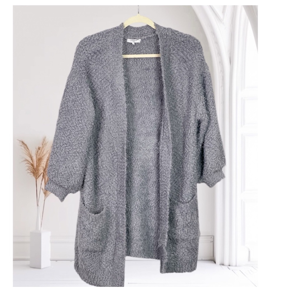 FRNCH Paris NWT Women's 3/4 Sleeve Solid Eyelash Oversized Cardigan Gray S/M - Picture 2 of 11